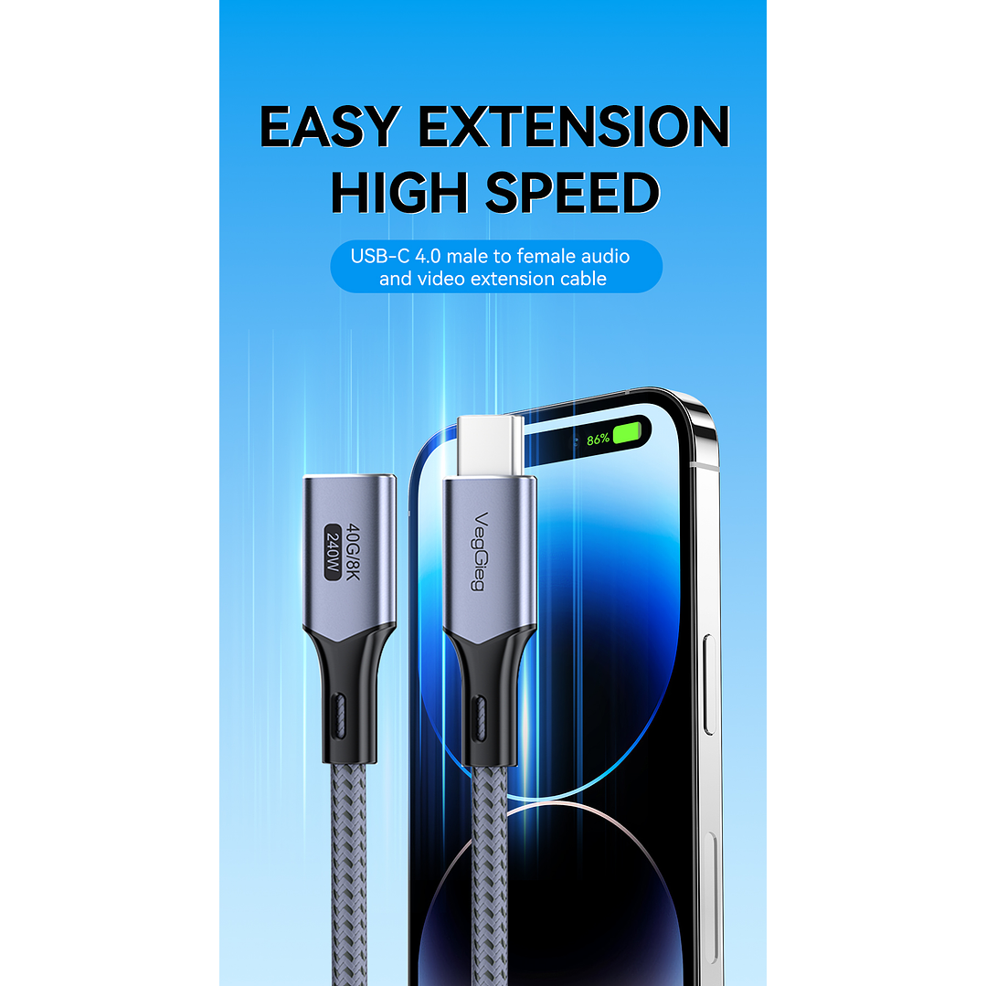 VegGieg  USB 4.0 Thunderbolt 4 – Cable de extensión Type-C 40Gbps / 240W / 8K 60Hz 2