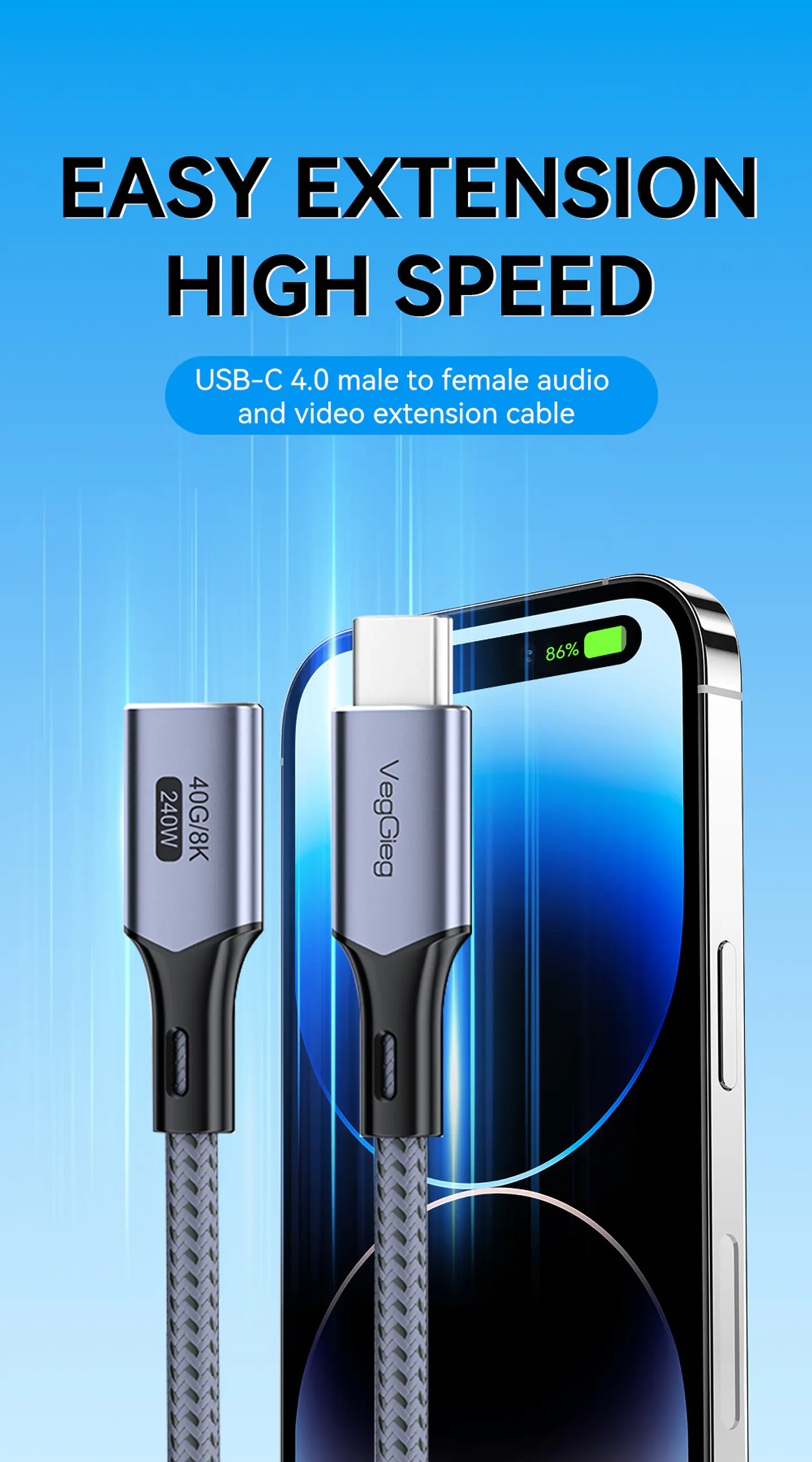 VegGieg  USB 4.0 Thunderbolt 4 – Cable de extensión Type-C 40Gbps / 240W / 8K 60Hz 2