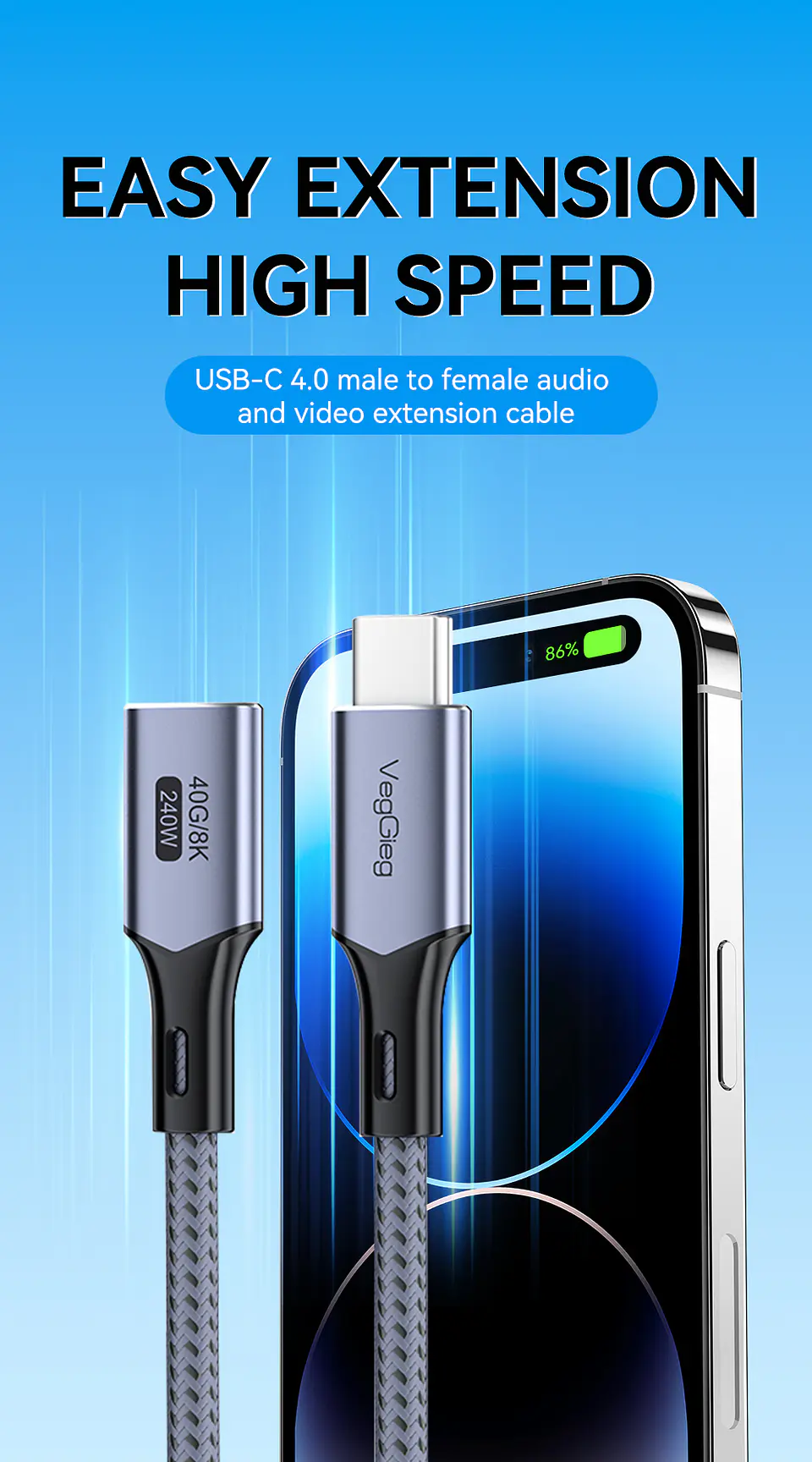 VegGieg  USB 4.0 Thunderbolt 4 – Cable de extensión Type-C 40Gbps / 240W / 8K 60Hz 2