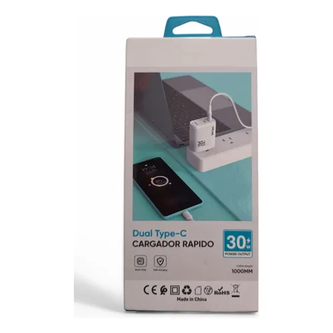 Cargador Carga Rápida 30 Watts Doble Puerto Tipo C + Cable tipo C certificado SEC 2