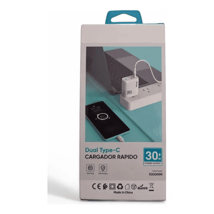 Cargador Carga Rápida 30 Watts Doble Puerto Tipo C + Cable tipo C certificado SEC 2