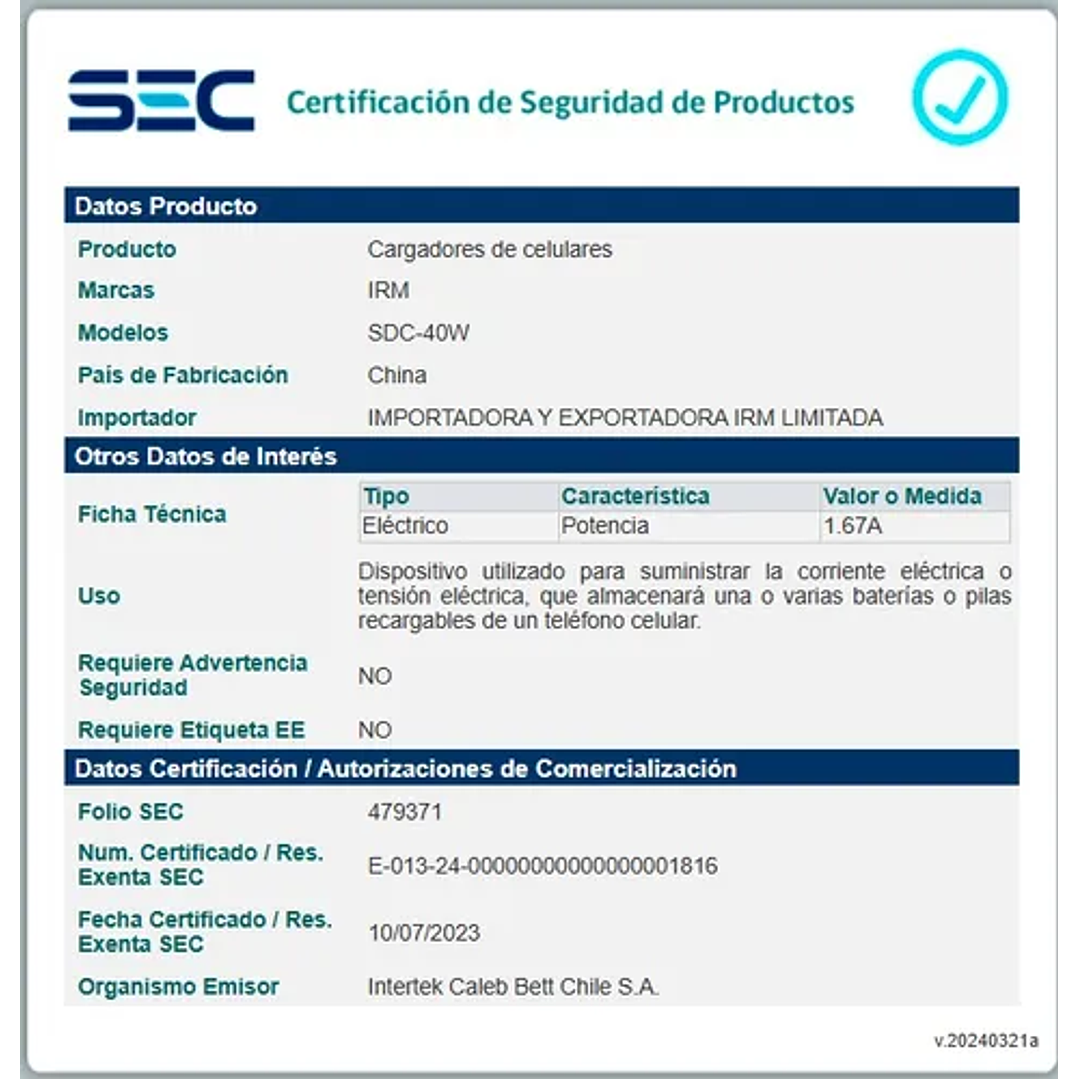 Cargador Carga Rápida 30 Watts Doble Puerto Tipo C + Cable tipo C certificado SEC 3