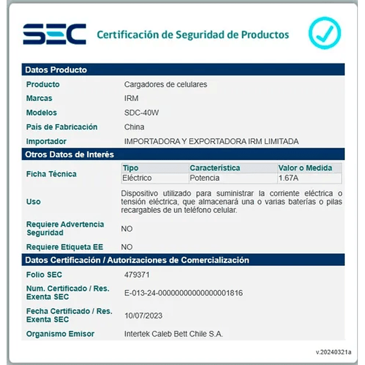 Cargador Carga Rápida 30 Watts Doble Puerto Tipo C + Cable tipo C certificado SEC 3
