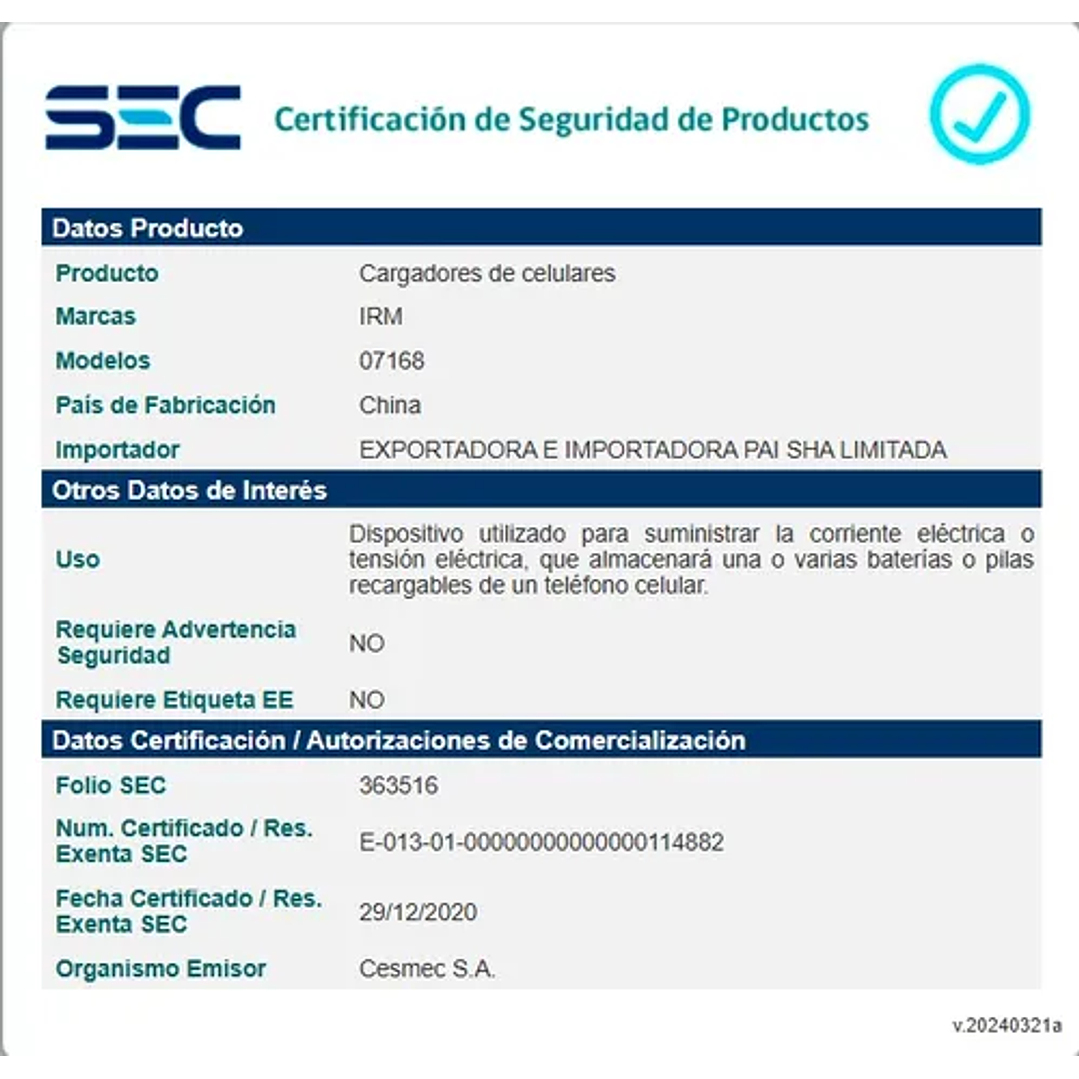 Cargador IRM 2.4A USB a Micro USB V8 | Certificado SEC 3