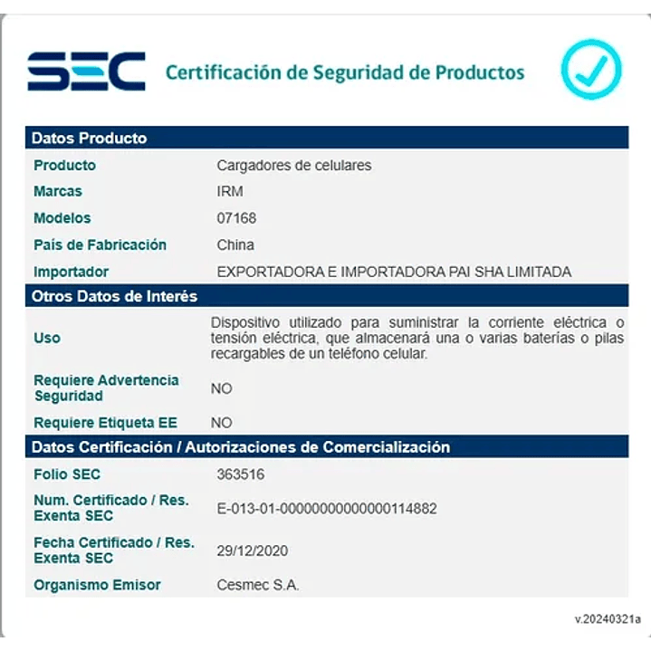 Cargador IRM 2.4A USB a Micro USB V8 | Certificado SEC 3