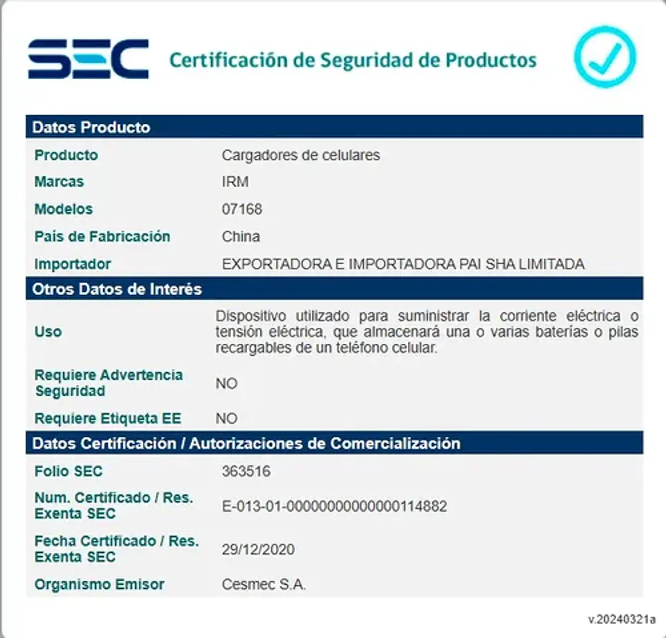 Cargador IRM 2.4A USB a Micro USB V8 | Certificado SEC 3