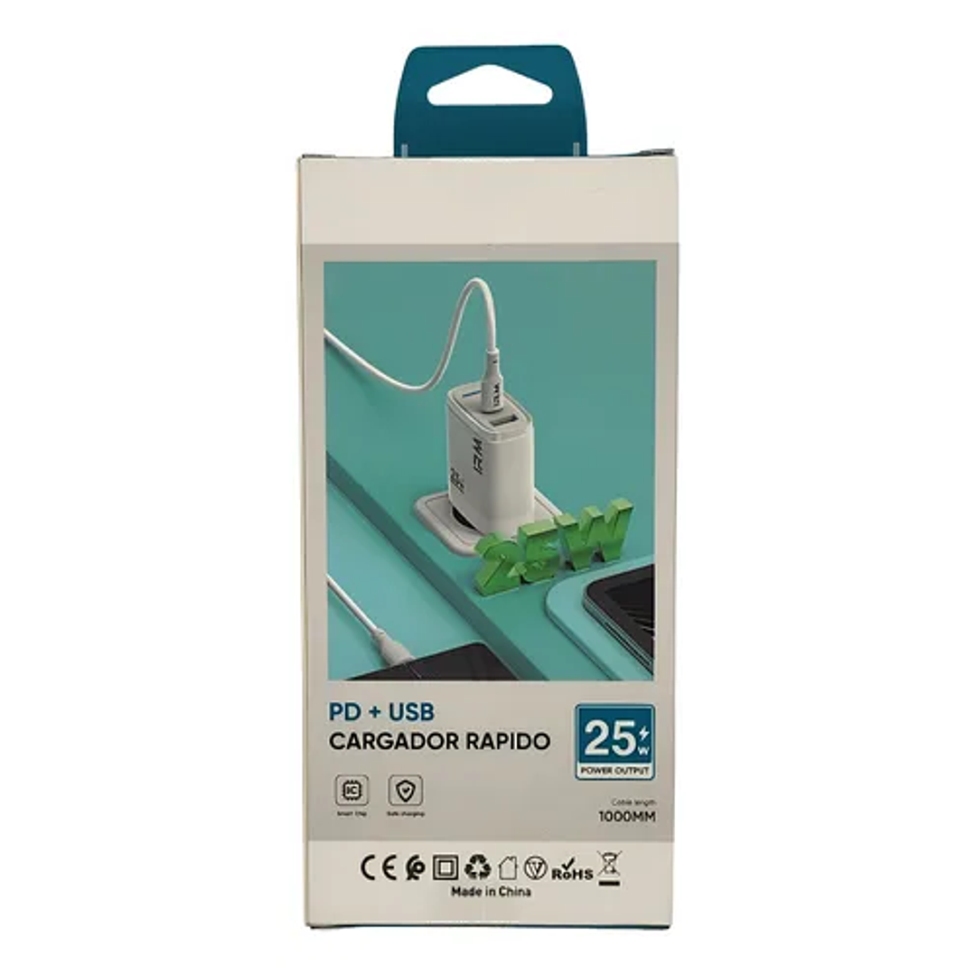 Cargador Rápido 25W PD + Cable USB Tipo C a Lightning | Certificado SEC  2