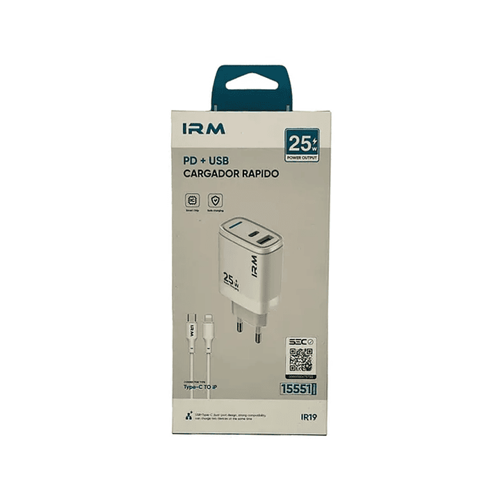Cargador Rápido 25W PD + Cable USB Tipo C a Lightning | Certificado SEC  1