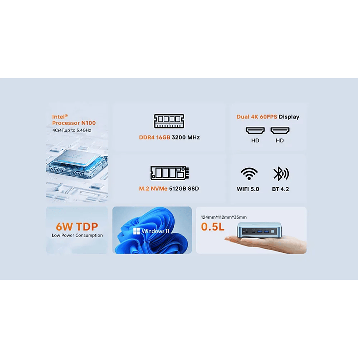Mini PC PELADN WI-6 Intel N100 | 16GB RAM | 512GB SSD | Wi-Fi Dual | LAN Gigabit 6