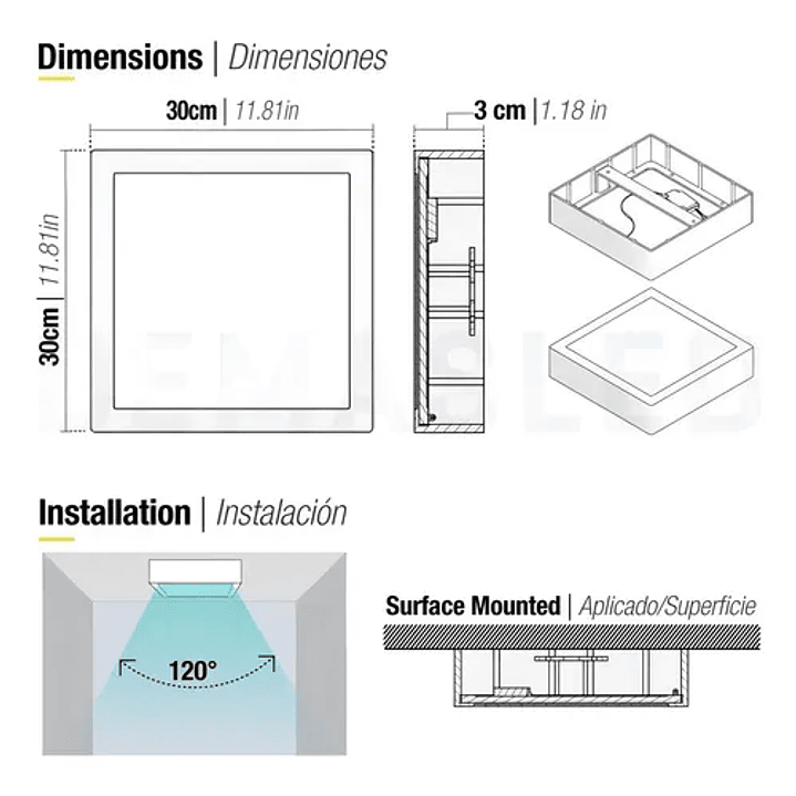 Foco Panel Led 24w Cuadrado 30x30cm Marco Blanco Sobrepuesto Luz Fria  2