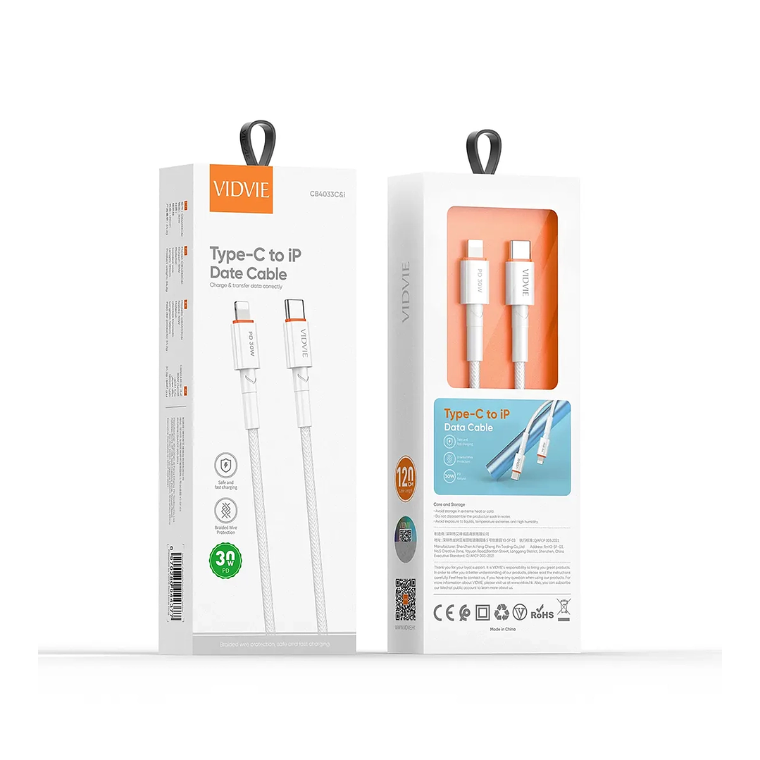 Cable de Datos VIDVIE CB4033C&i | Tipo-C a Lightning | 30W | 1.2M | Trenzado Nylon 1