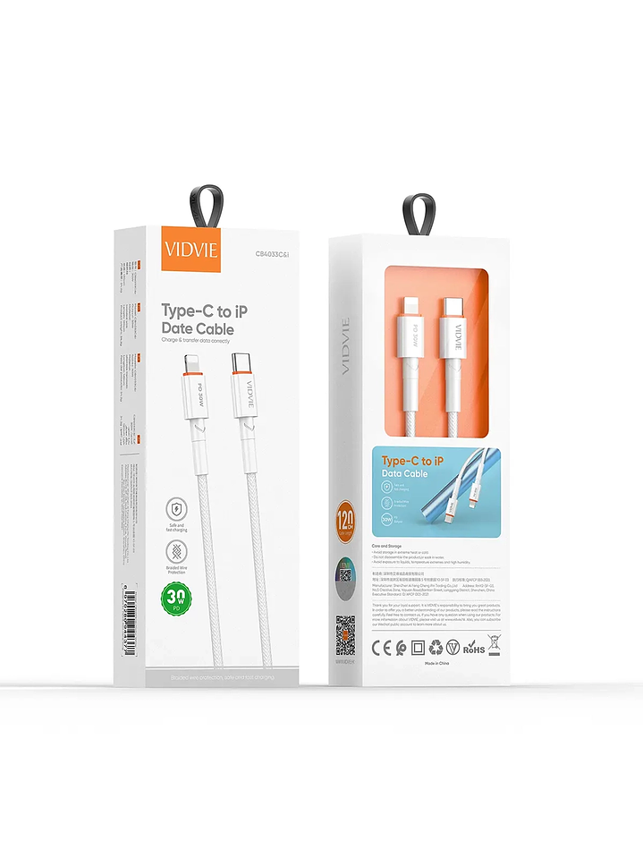 Cable de Datos VIDVIE CB4033C&i | Tipo-C a Lightning | 30W | 1.2M | Trenzado Nylon 1