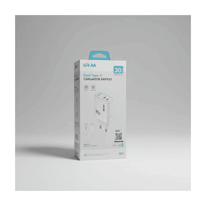 Cargador Carga Rápida 30 Watts Doble Puerto Tipo C + Cable C Blanco 1
