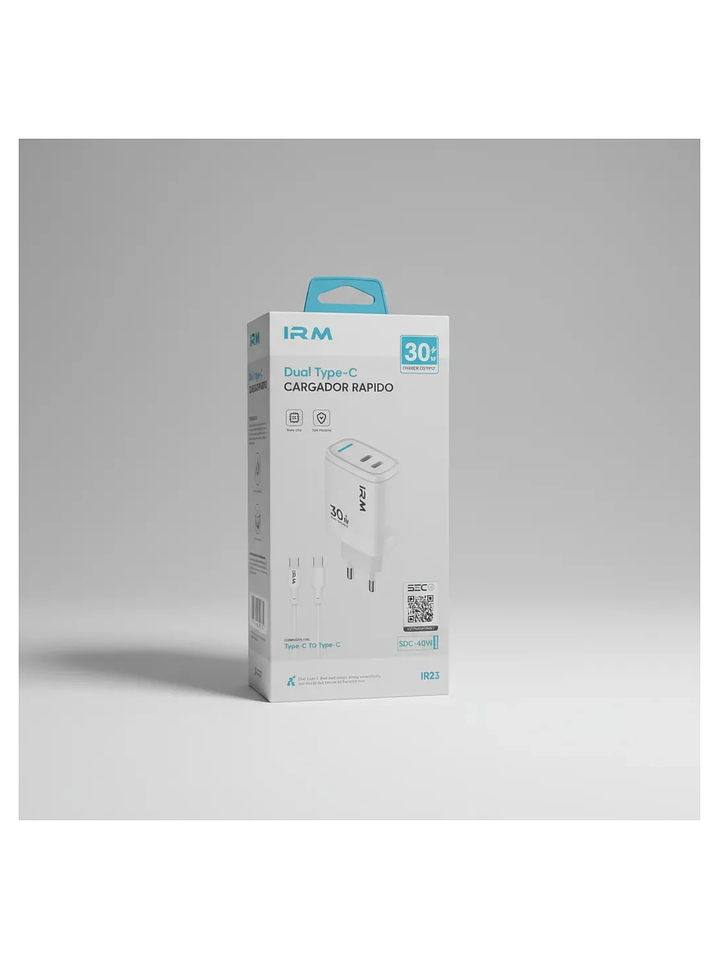 Cargador Carga Rápida 30 Watts Doble Puerto Tipo C + Cable C Blanco 1