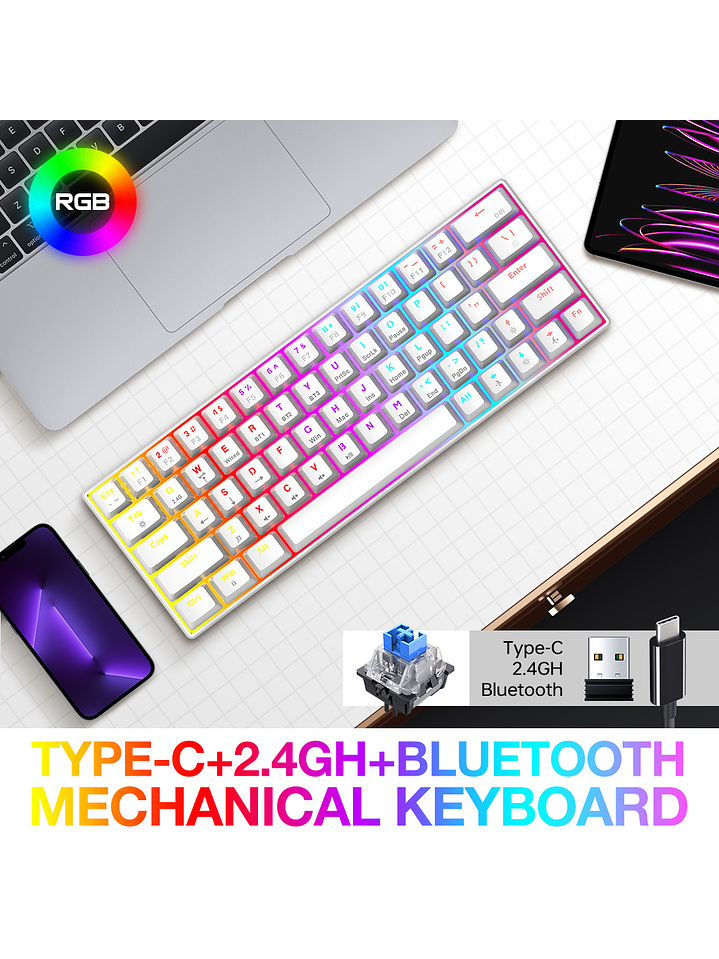 Teclado Mecánico T-WOLF T30 RGB 63 Teclas | Bluetooth + USB | Eje Verde | Compacto Gamer 3