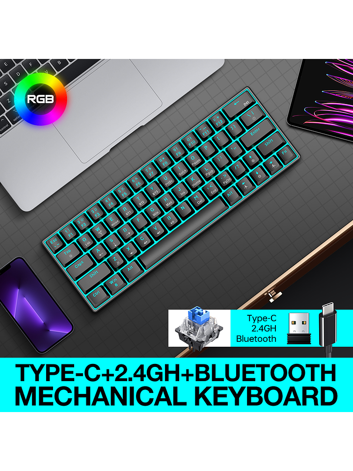 Teclado Mecánico T-WOLF T30 RGB 63 Teclas | Bluetooth + USB | Eje Verde | Compacto Gamer 4