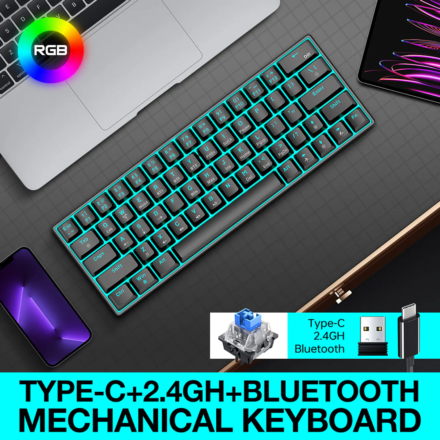 Teclado Mecánico T-WOLF T30 RGB 63 Teclas | Bluetooth + USB | Eje Verde | Compacto Gamer 4
