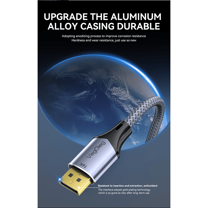 Cable Displayport Dp 2.1 16k 8k 4k 144hz/165hz/240hz  Veggieg reforzado trenzado HDR ARC 7