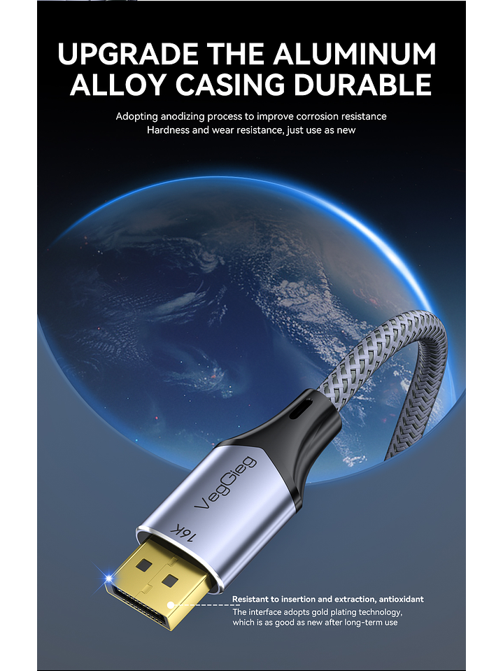 Cable Displayport Dp 2.1 16k 8k 4k 144hz/165hz/240hz  Veggieg reforzado trenzado HDR ARC 7