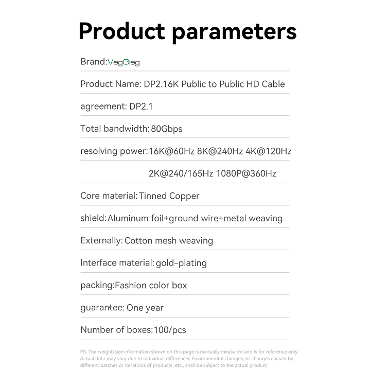 Cable Displayport Dp 2.1 16k 8k 4k 144hz/165hz/240hz  Veggieg reforzado trenzado HDR ARC 10