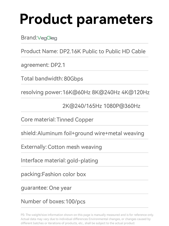 Cable Displayport Dp 2.1 16k 8k 4k 144hz/165hz/240hz  Veggieg reforzado trenzado HDR ARC 10