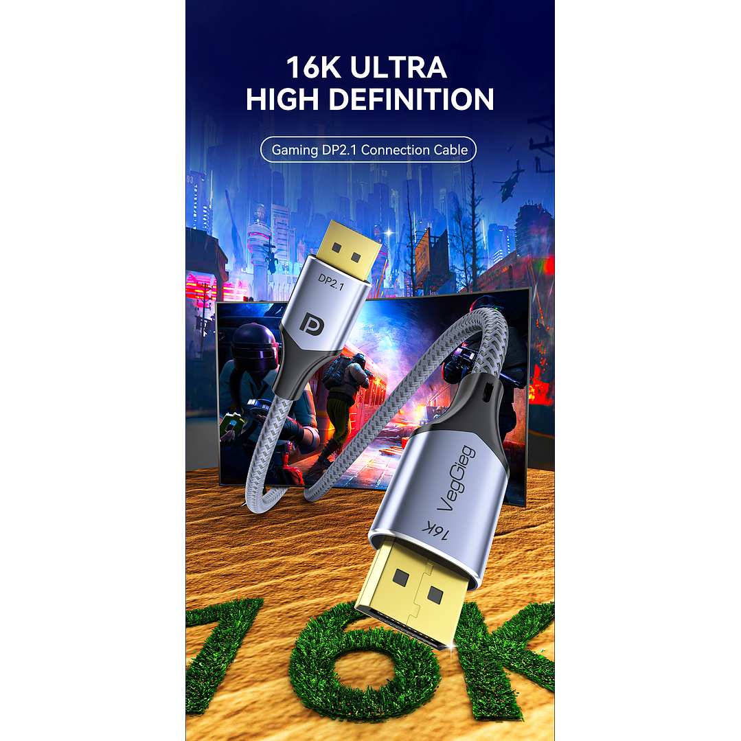 Cable Displayport Dp 2.1 16k 8k 4k 144hz/165hz/240hz  Veggieg reforzado trenzado HDR ARC 12