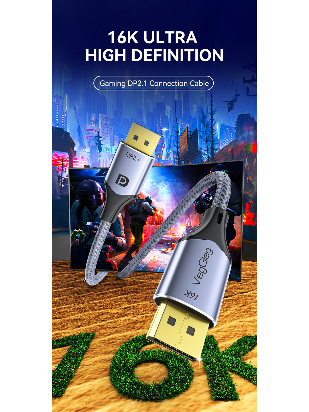 Cable Displayport Dp 2.1 16k 8k 4k 144hz/165hz/240hz  Veggieg reforzado trenzado HDR ARC 12