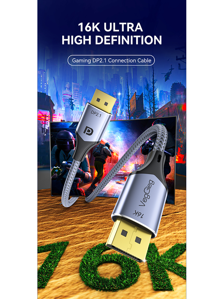 Cable Displayport Dp 2.1 16k 8k 4k 144hz/165hz/240hz  Veggieg reforzado trenzado HDR ARC 12