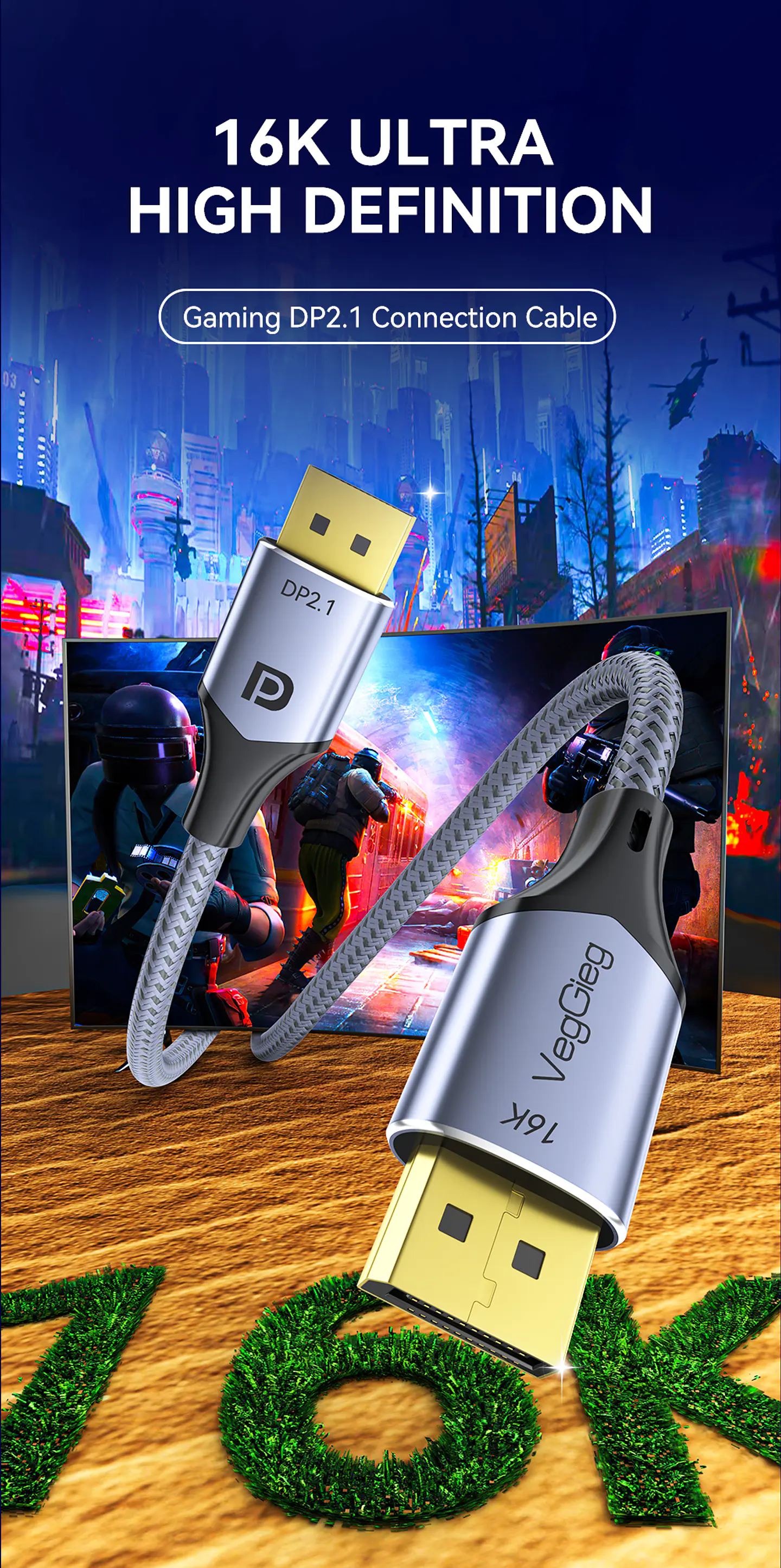 Cable Displayport Dp 2.1 16k 8k 4k 144hz/165hz/240hz  Veggieg reforzado trenzado HDR ARC 12