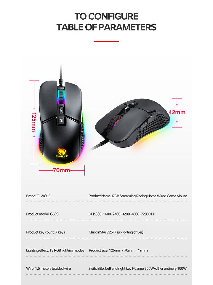 Mouse Gamer T-wolf G590 Rgb, 7200 Dpi,7 Botones Programables por software  4