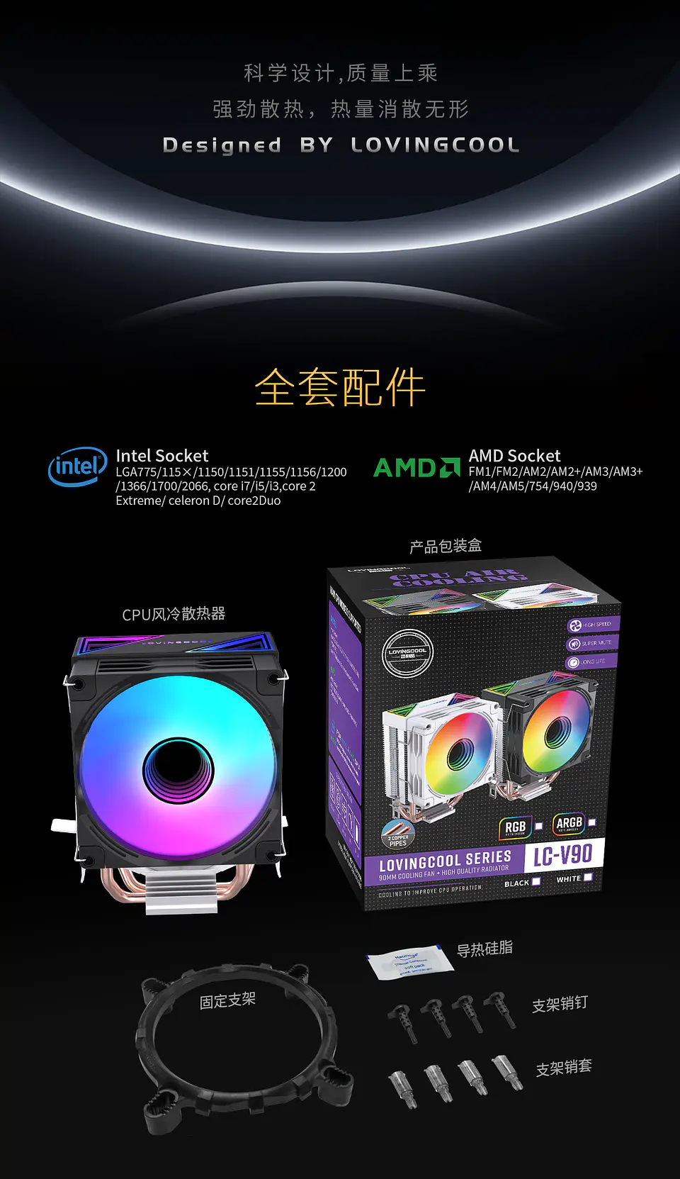Enfriador Cpu Lovingcool 2 Heatpipes + rgb 90mm Amd Intel 150 TDP 3