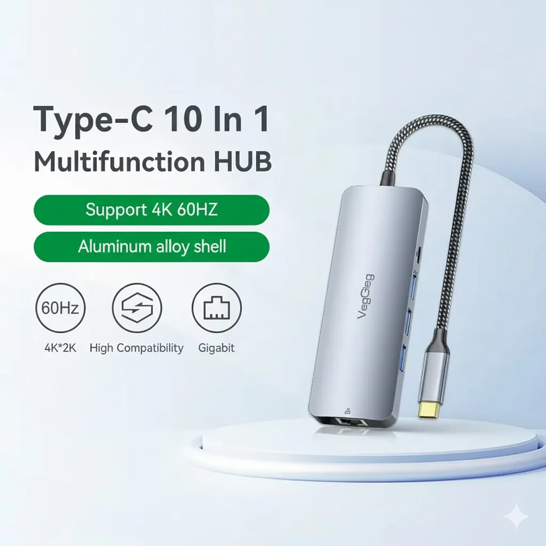 Hub Usb Tipo C 10 En 1 Usb 3.0 4k 60hz 100w Rj45 Veggieg 3