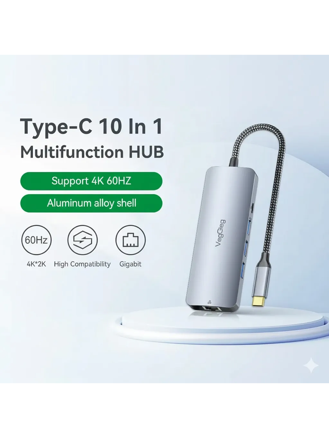 Hub Usb Tipo C 10 En 1 Usb 3.0 4k 60hz 100w Rj45 Veggieg 3