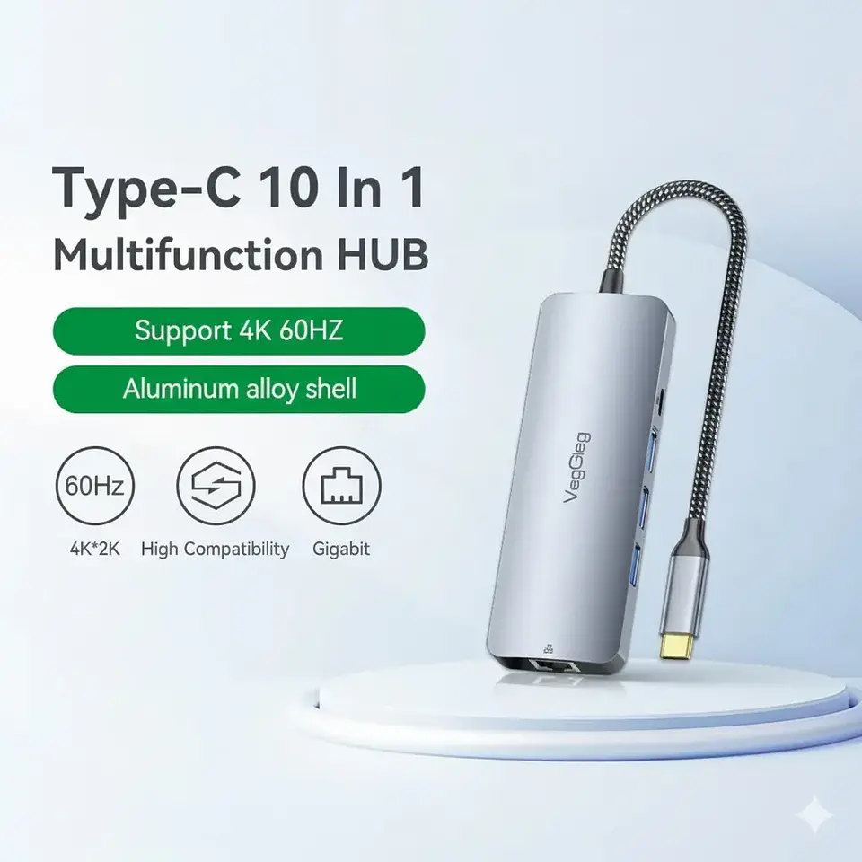 Hub Usb Tipo C 10 En 1 Usb 3.0 4k 60hz 100w Rj45 Veggieg 3