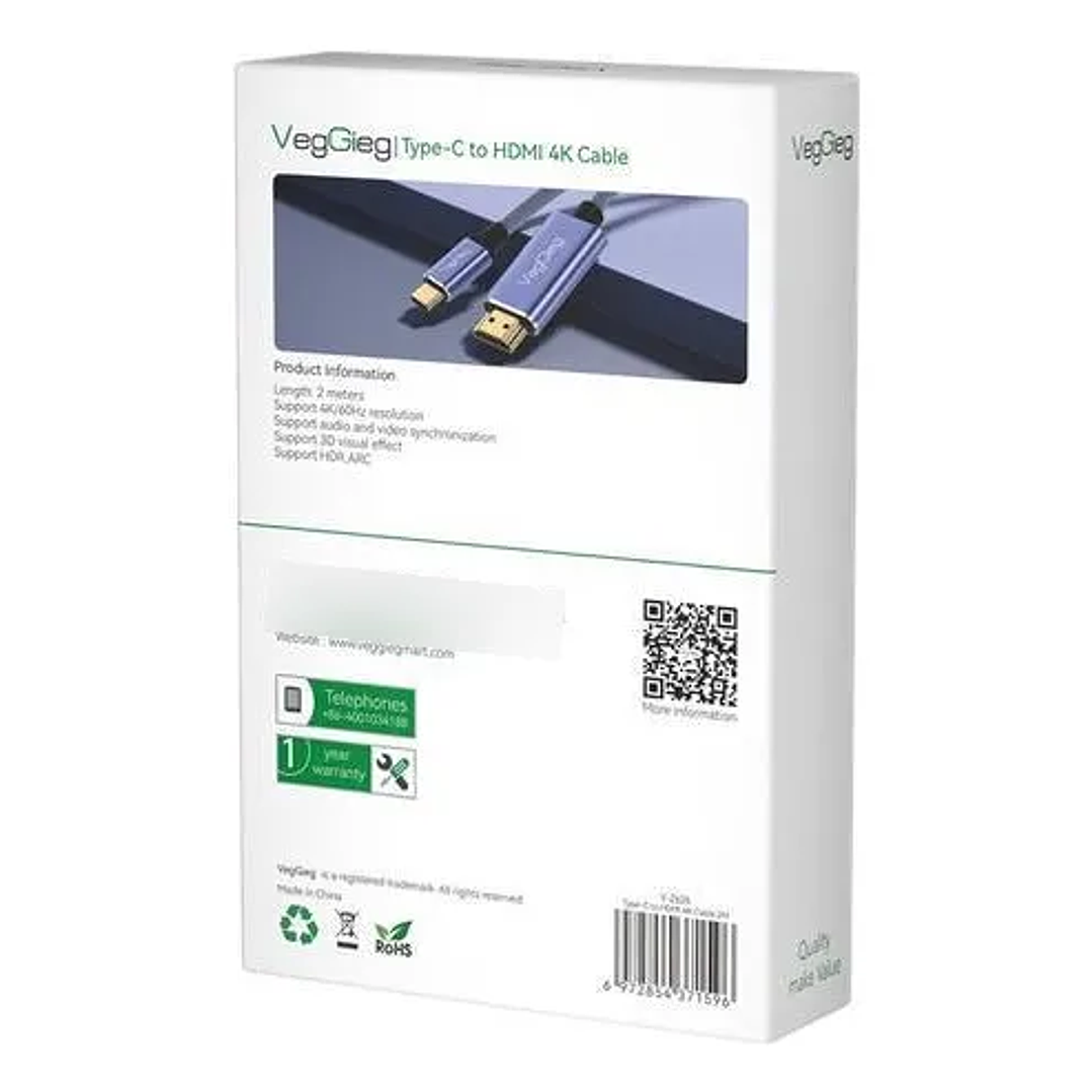 Cable Tipo C A Hdmi Premium 4k 60hz 2mts Hdr Veggieg V-Z625 2
