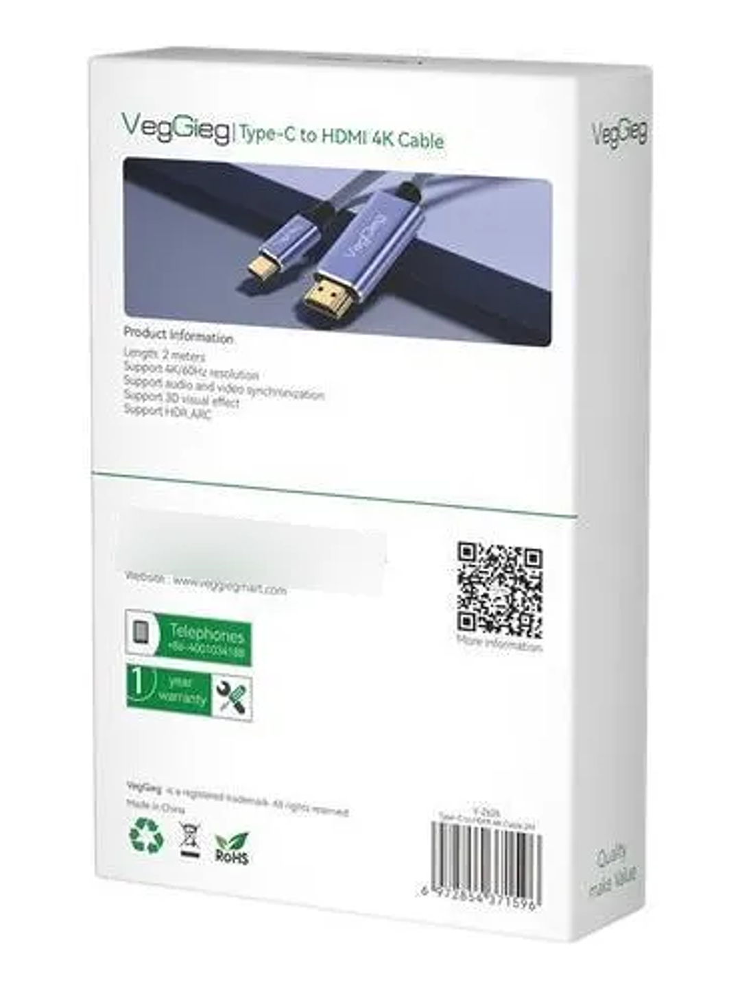 Cable Tipo C A Hdmi Premium 4k 60hz 2mts Hdr Veggieg V-Z625 2