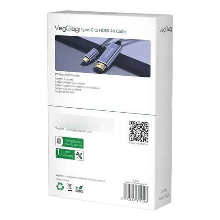 Cable Tipo C A Hdmi Premium 4k 60hz 2mts Hdr Veggieg V-Z625 2