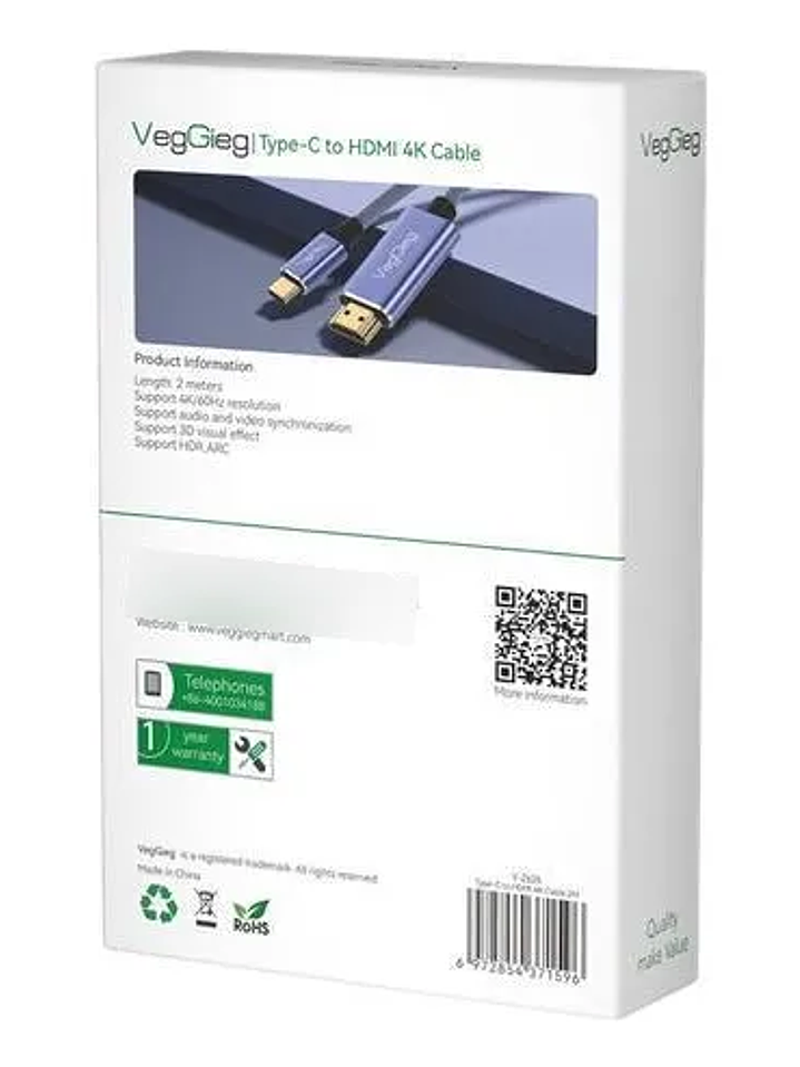 Cable Tipo C A Hdmi Premium 4k 60hz 2mts Hdr Veggieg V-Z625 2