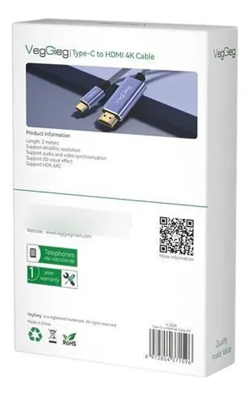 Cable Tipo C A Hdmi Premium 4k 60hz 2mts Hdr Veggieg V-Z625 2