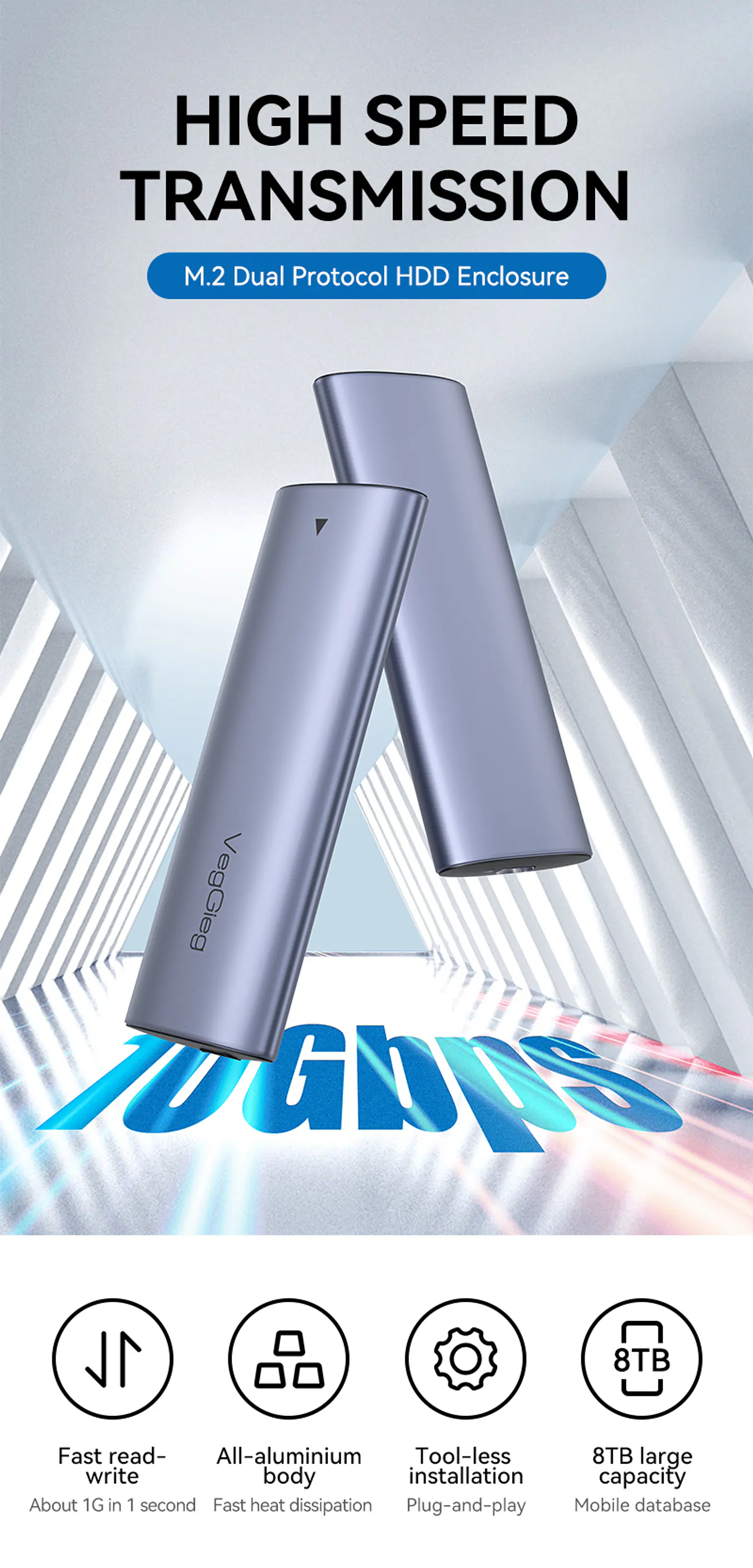 Case Cofre Disco Duro Usb C 3.0 M2 Nvme 10 Gbps Veggieg Gris 7