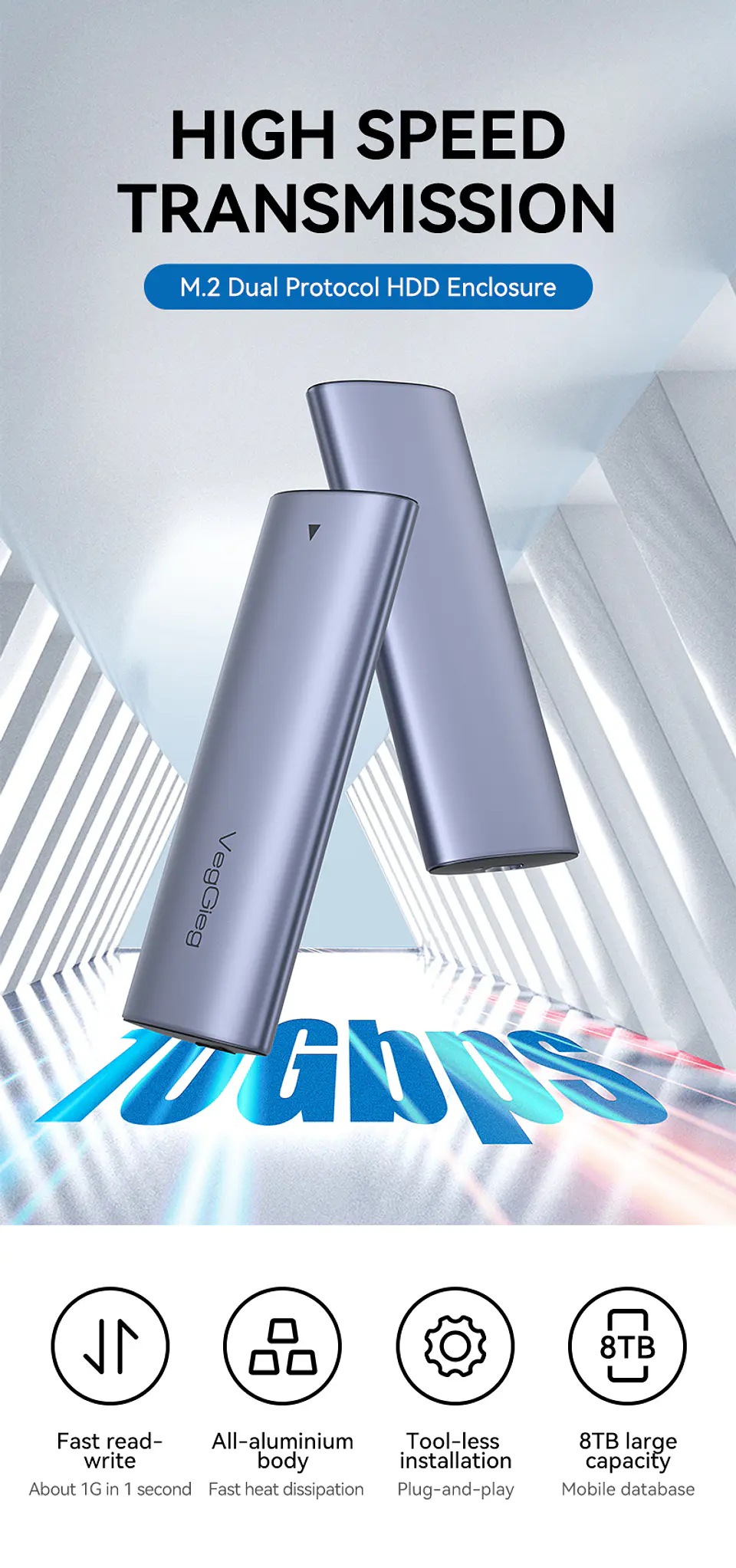 Case Cofre Disco Duro Usb C 3.0 M2 Nvme 10 Gbps Veggieg Gris 7