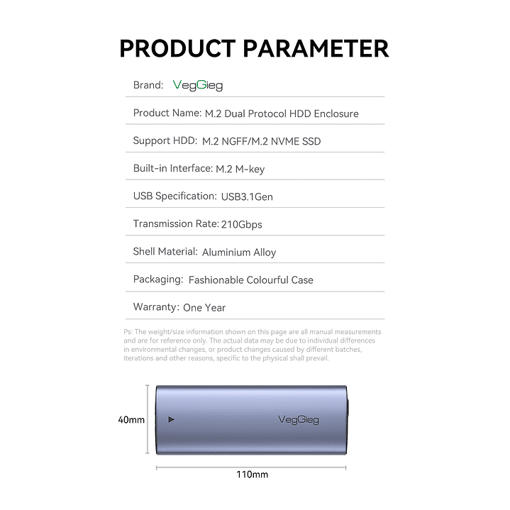 Case Cofre Disco Duro Usb C 3.0 M2 Nvme 10 Gbps Veggieg Gris 8