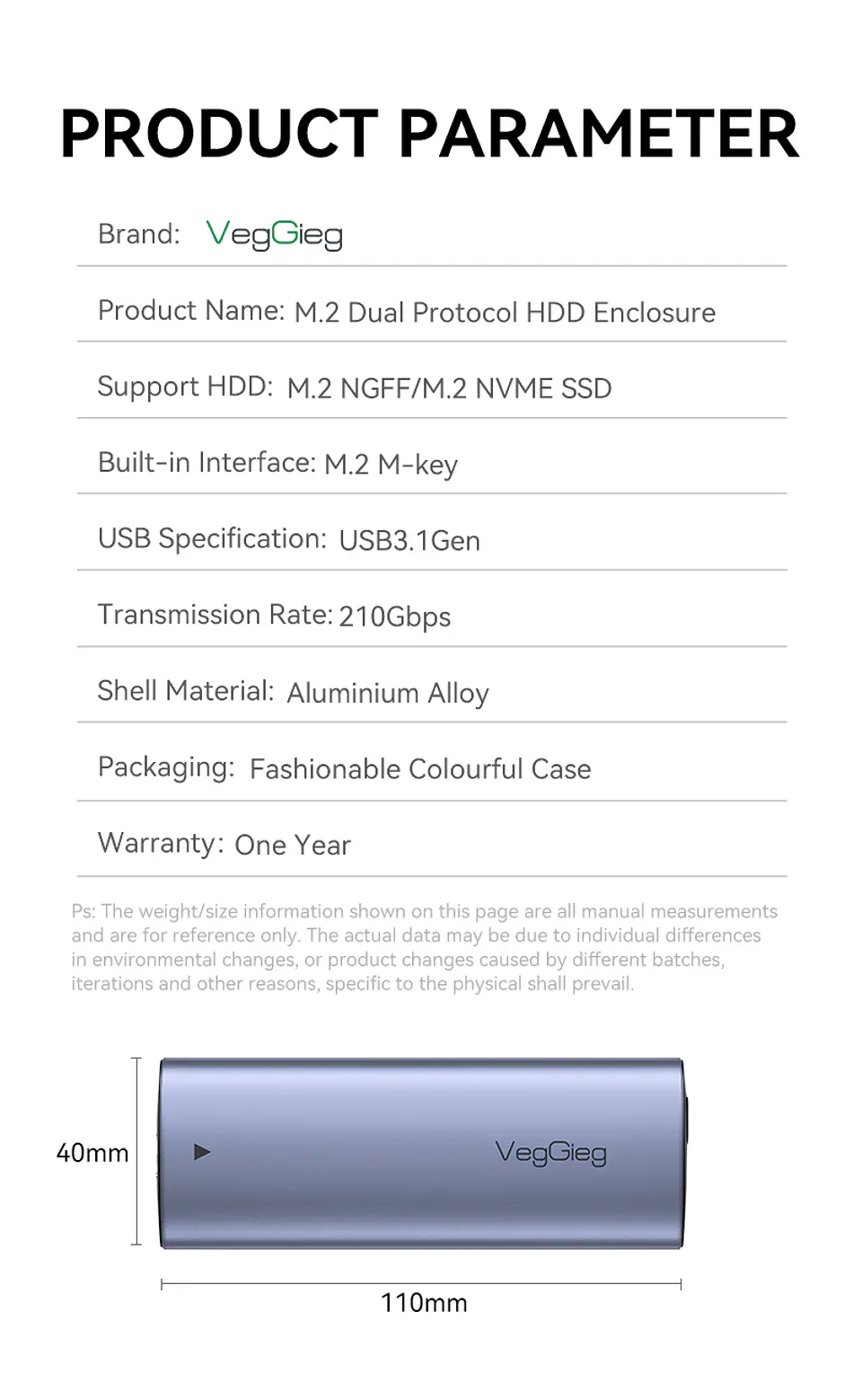 Case Cofre Disco Duro Usb C 3.0 M2 Nvme 10 Gbps Veggieg Gris 8