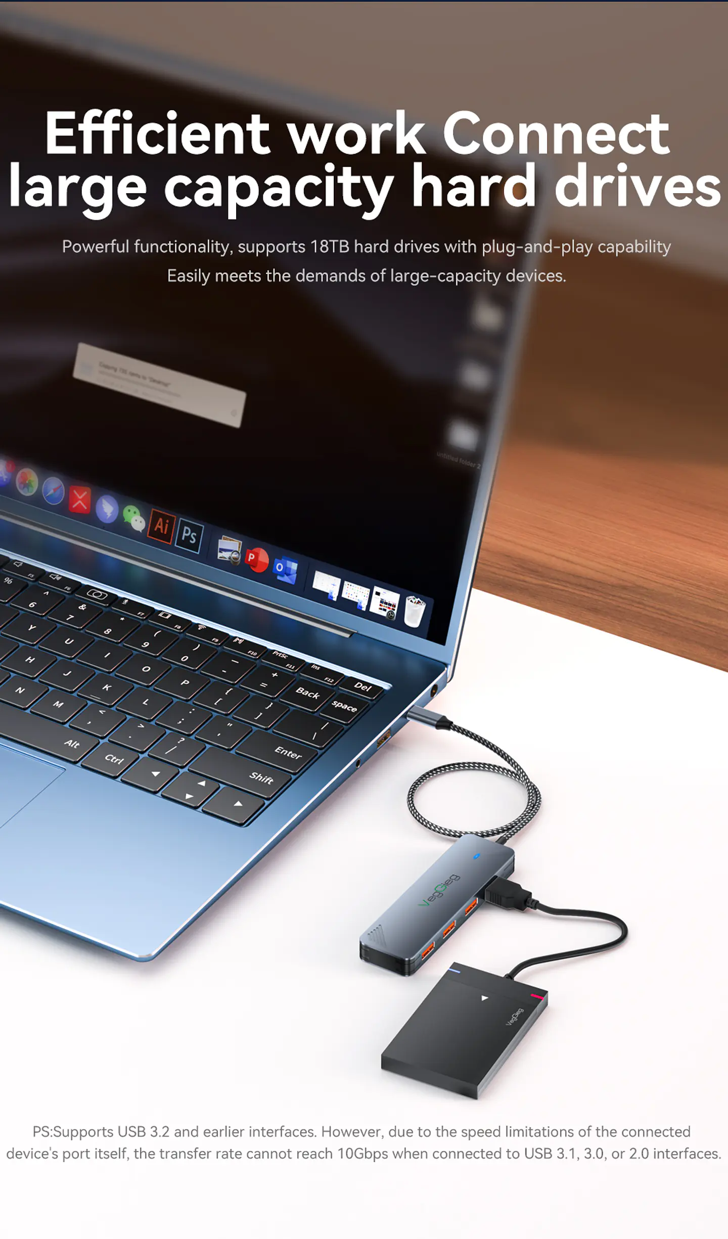 Adaptador Hub Tipo C 3.2 Gen2 2 Usb 2 Tipo C 10gbs Veggieg Gris metalico 7