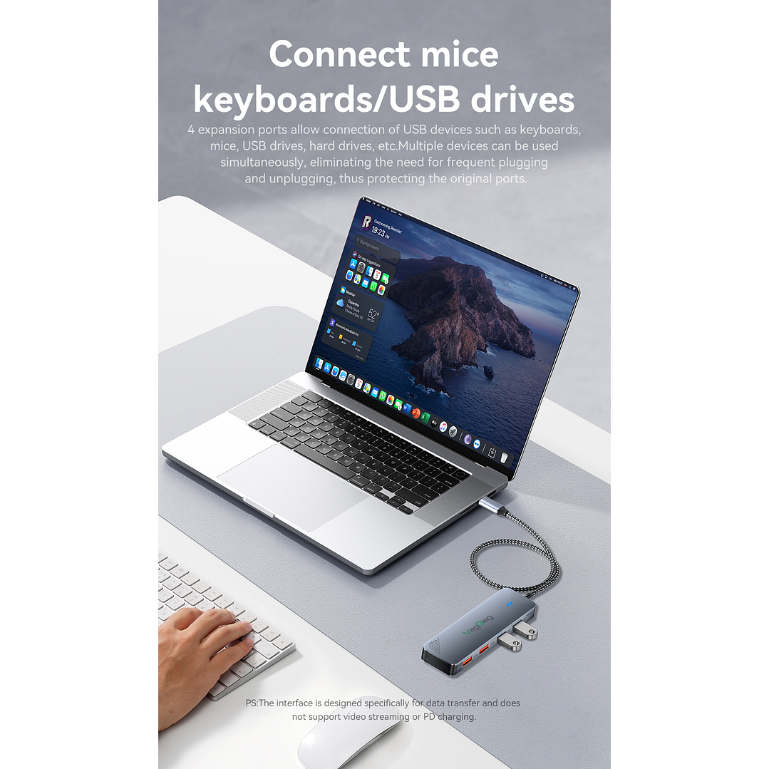 Adaptador Hub Tipo C 3.2 Gen2 2 Usb 2 Tipo C 10gbs Veggieg Gris metalico 10