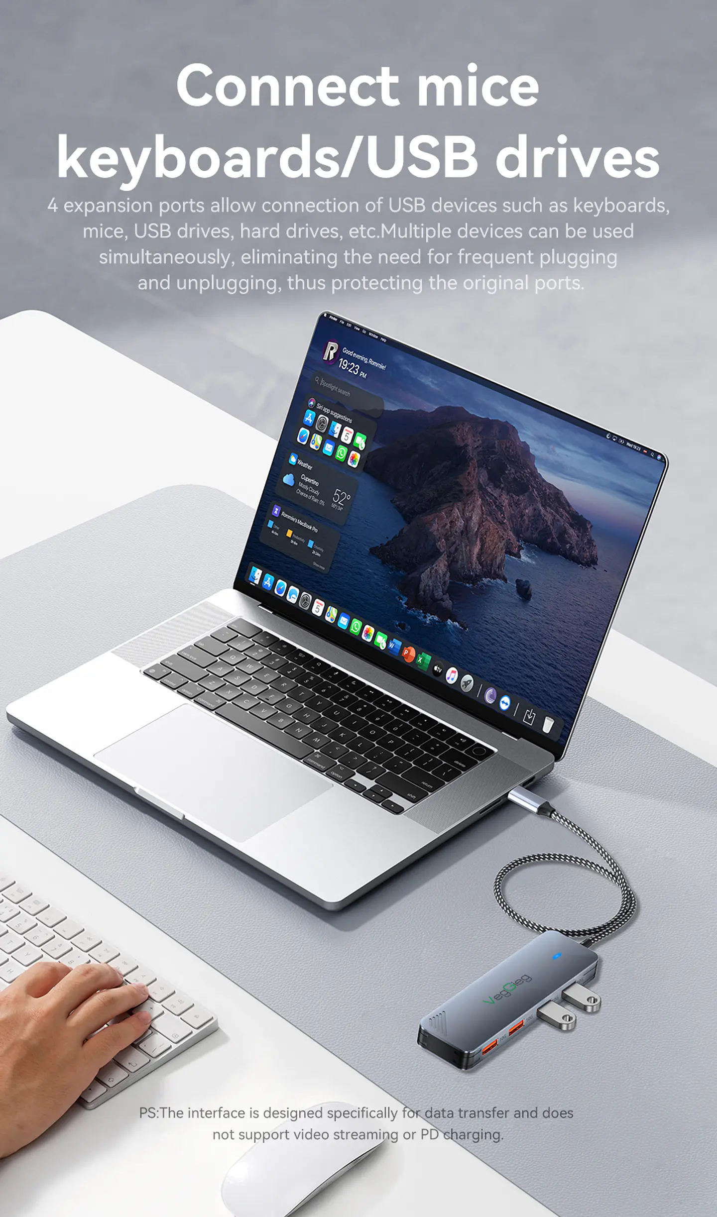 Adaptador Hub Tipo C 3.2 Gen2 2 Usb 2 Tipo C 10gbs Veggieg Gris metalico 10