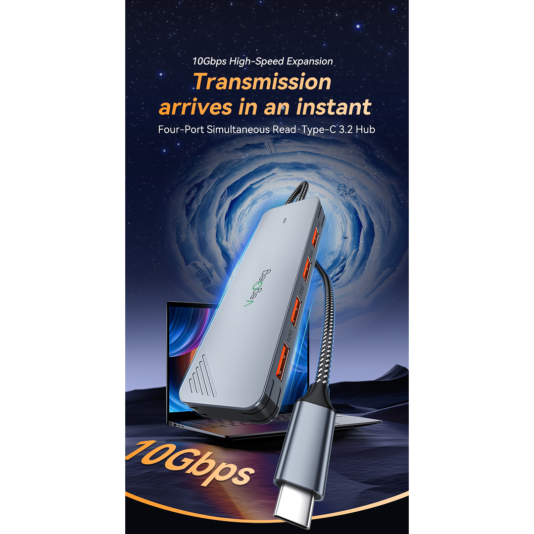 Hub Adapador Tipo C 3.2 Gen 2 A 4 Tipo C 10gbs Veggieg Gris Metalico  5