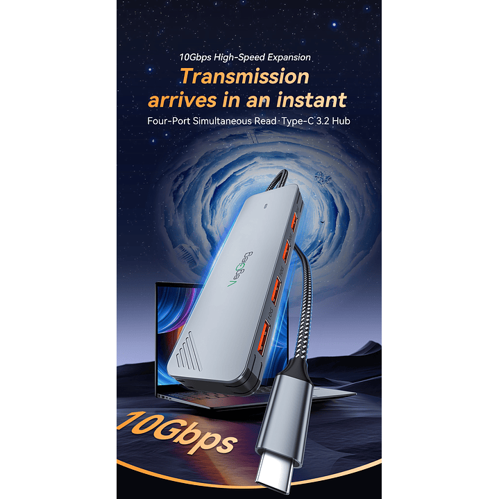 Hub Adapador Tipo C 3.2 Gen 2 A 4 Tipo C 10gbs Veggieg Gris Metalico  5