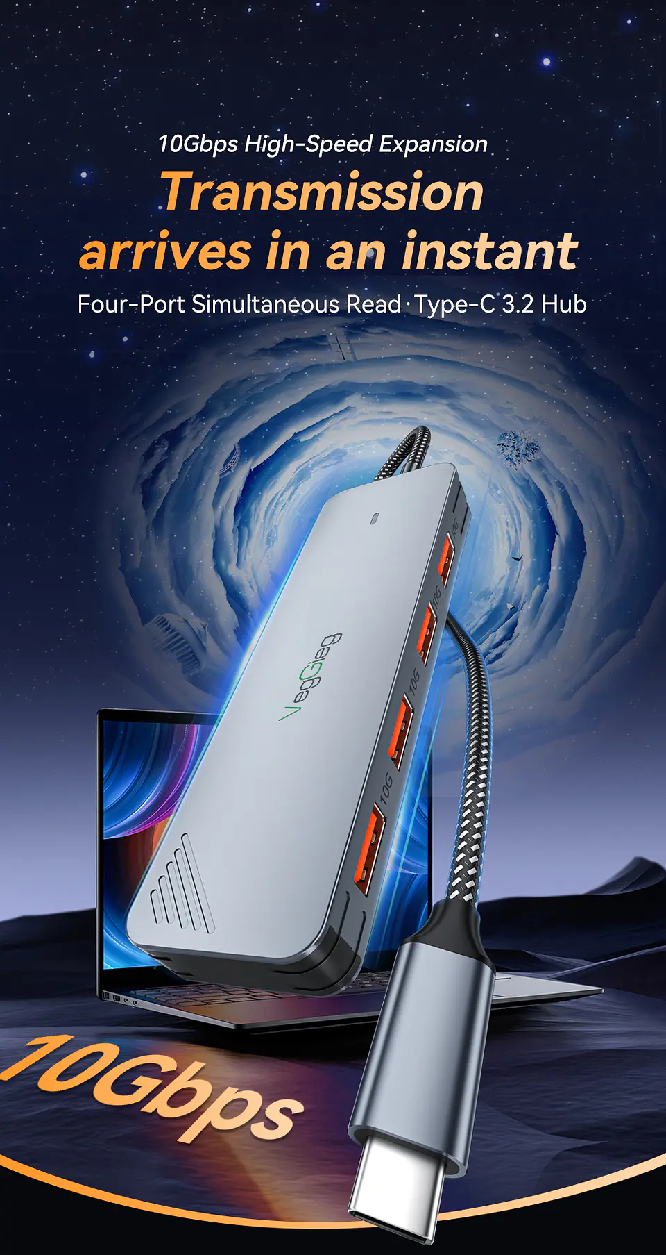 Hub Adapador Tipo C 3.2 Gen 2 A 4 Puertos Usb 10gbs Veggieg Gris metalico 3