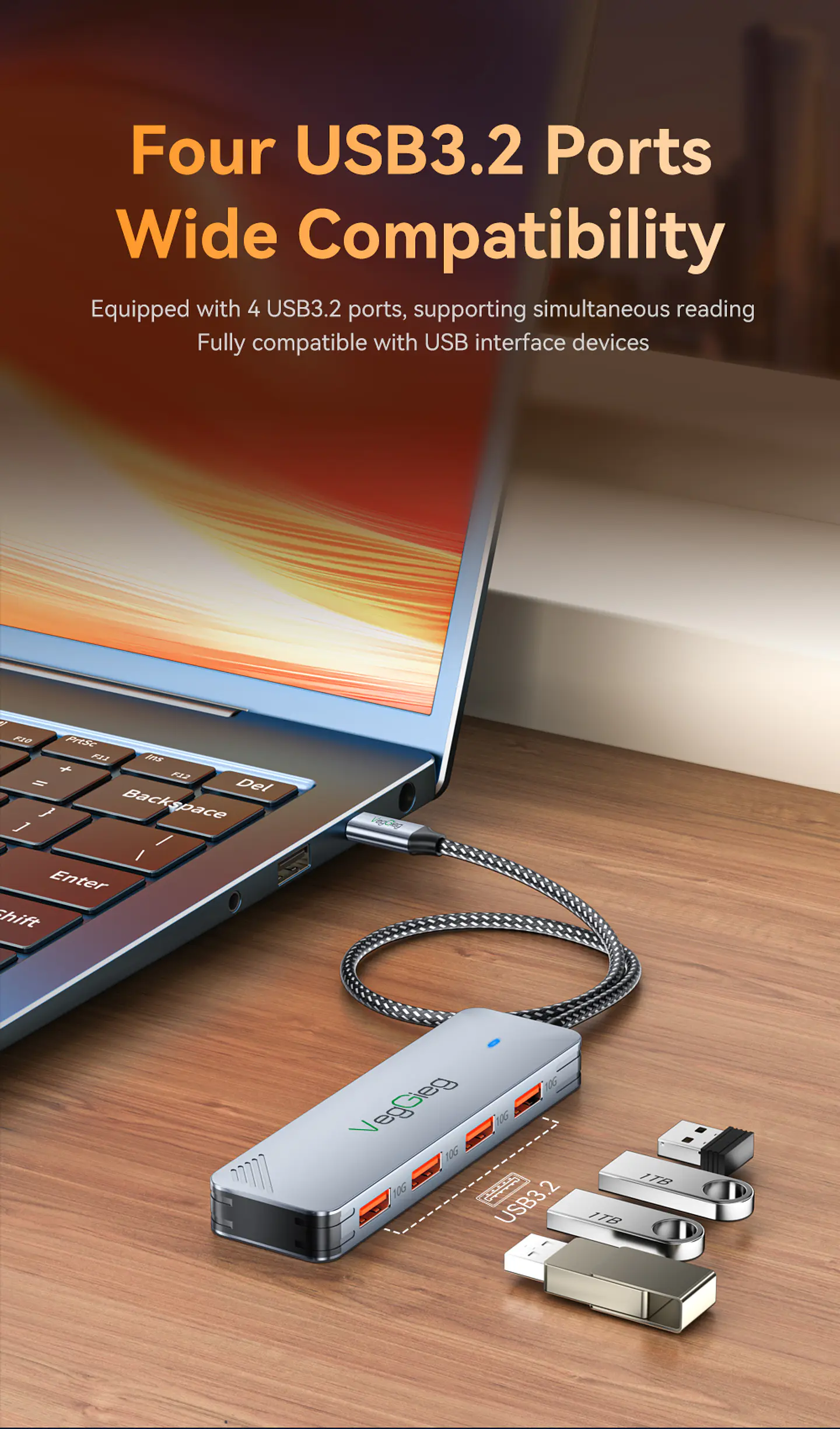 Hub Adapador Tipo C 3.2 Gen 2 A 4 Puertos Usb 10gbs Veggieg Gris metalico 5